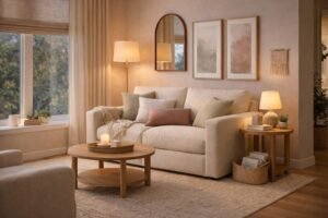 Cozy living room bathed in warm light