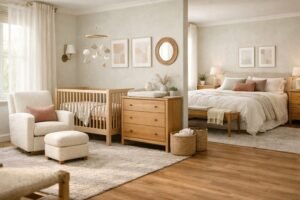 Serene shared bedroom with nursery nook