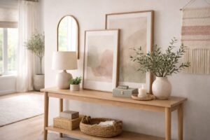 Stylish console vignette with olive decor
